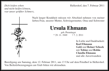 Traueranzeige von Ursula Ehmann von Kreiszeitung Waiblingen