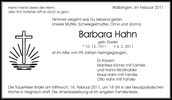 Traueranzeige von Barbara Hahn von Kreiszeitung Waiblingen