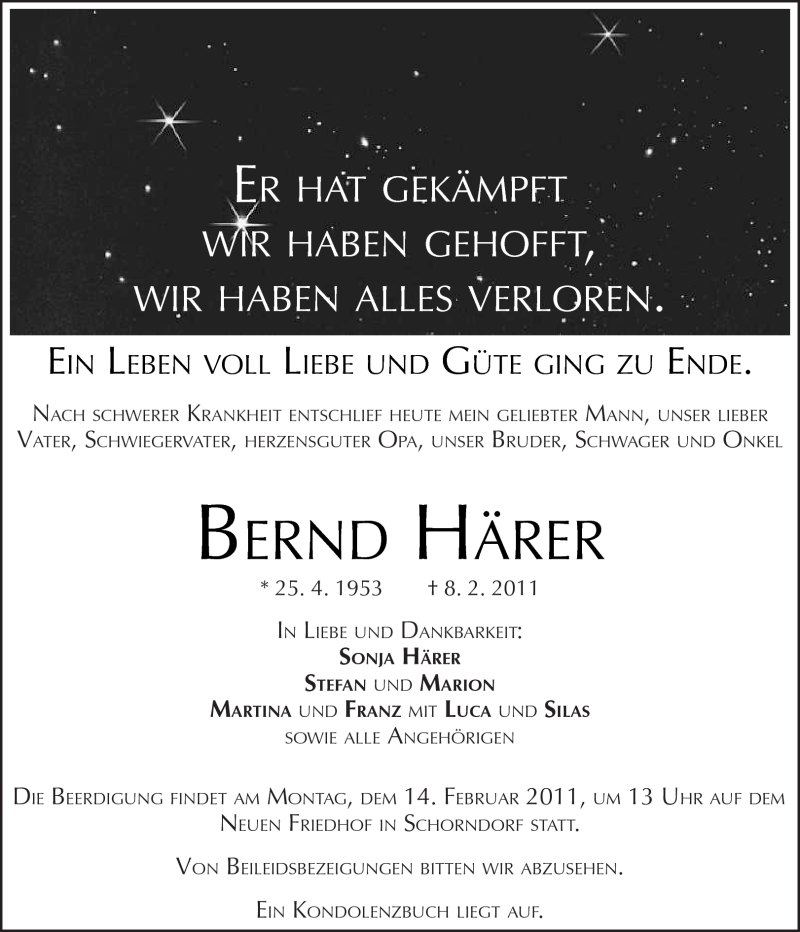  Traueranzeige für Bernd Härer vom 10.02.2011 aus Kreiszeitung Waiblingen