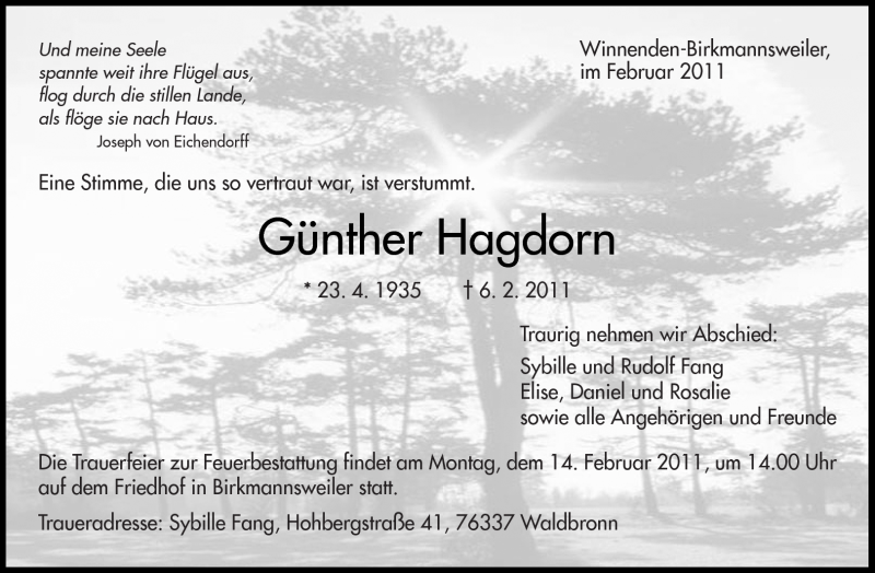  Traueranzeige für Günther Hagdorn vom 10.02.2011 aus Kreiszeitung Waiblingen