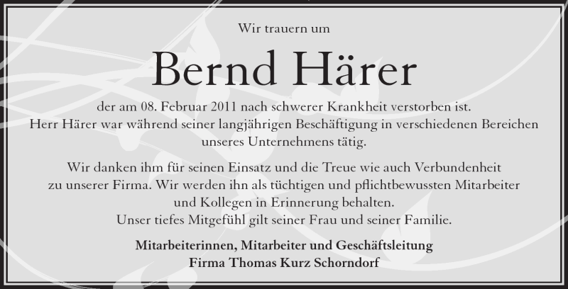  Traueranzeige für Bernd Härer vom 11.02.2011 aus Kreiszeitung Waiblingen