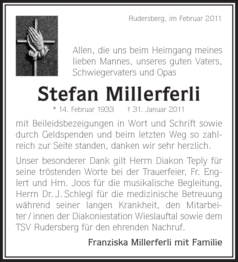  Traueranzeige für Stefan Millerferli vom 12.02.2011 aus Kreiszeitung Waiblingen