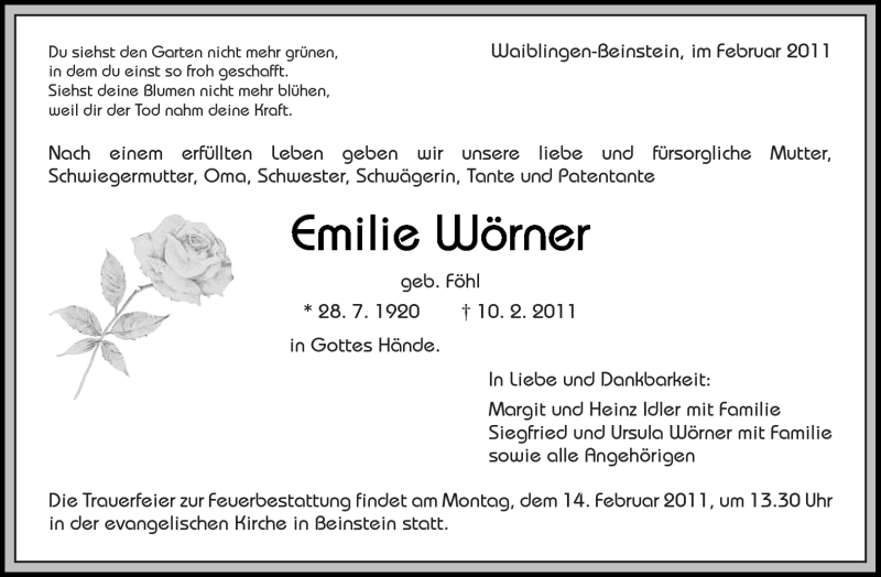  Traueranzeige für Emilie Wörner vom 12.02.2011 aus Kreiszeitung Waiblingen