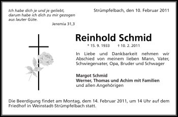 Traueranzeige von Reinhold Schmid von Kreiszeitung Waiblingen
