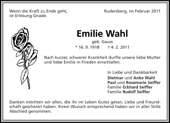 Traueranzeige von Emilie Wahl von Kreiszeitung Waiblingen