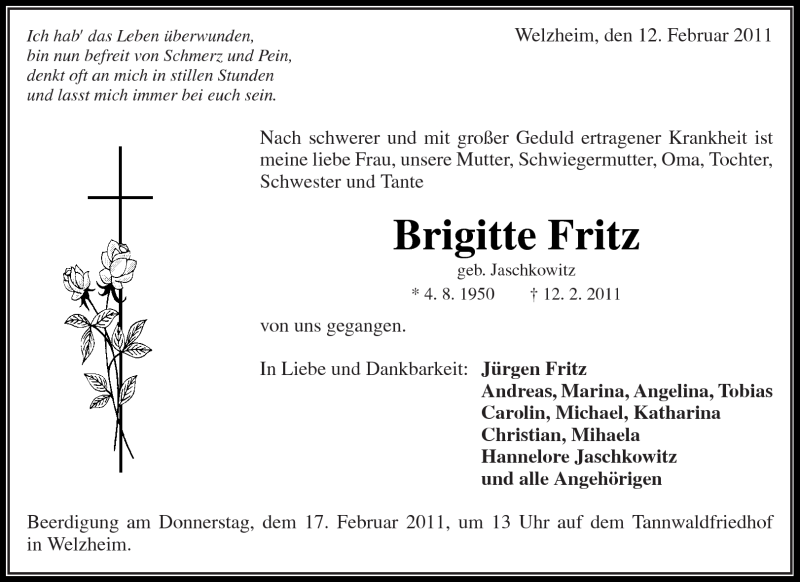  Traueranzeige für Brigitte Fritz vom 15.02.2011 aus Kreiszeitung Waiblingen