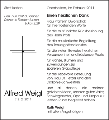 Traueranzeige von Alfred Weigl von Kreiszeitung Waiblingen