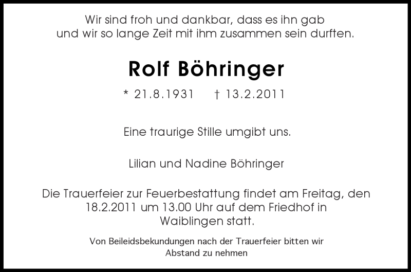  Traueranzeige für Rolf Böhringer vom 15.02.2011 aus Kreiszeitung Waiblingen