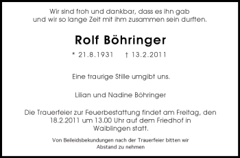 Traueranzeige von Rolf Böhringer von Kreiszeitung Waiblingen