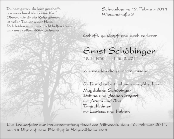 Traueranzeige von Ernst Schöbinger von Kreiszeitung Waiblingen