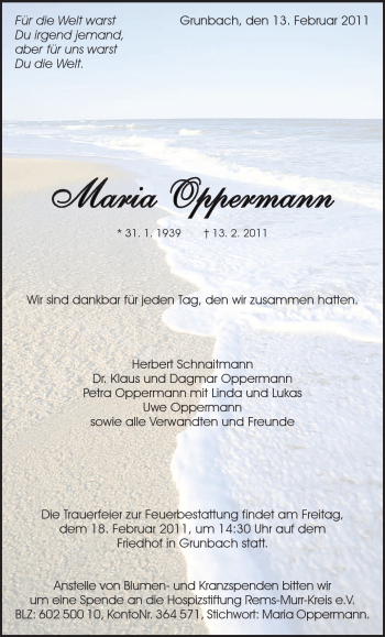 Traueranzeige von Maria Oppermann von Kreiszeitung Waiblingen