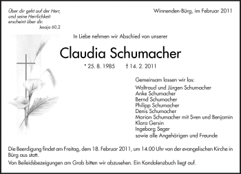Traueranzeige von Claudia Schumacher von Kreiszeitung Waiblingen
