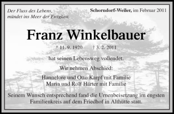 Traueranzeige von Franz Winkelbauer von Kreiszeitung Waiblingen