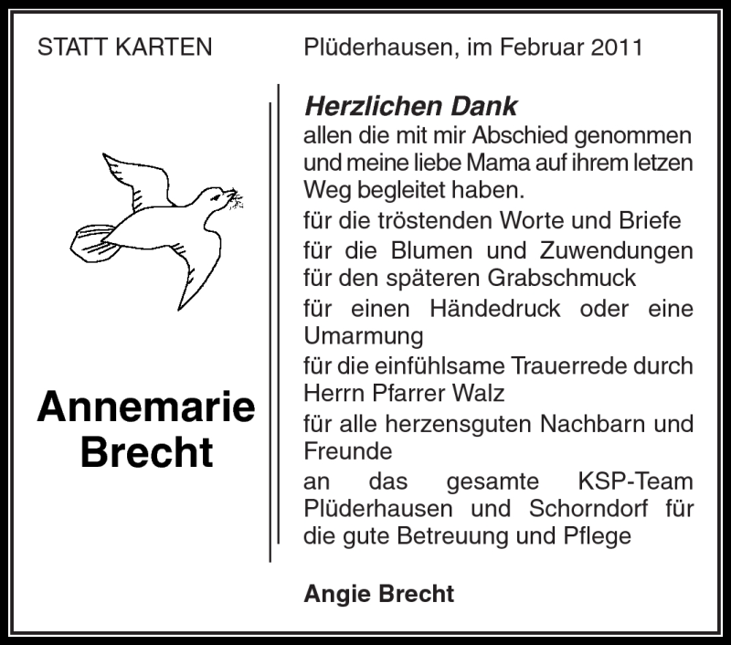  Traueranzeige für Annemarie Brecht vom 22.02.2011 aus Kreiszeitung Waiblingen
