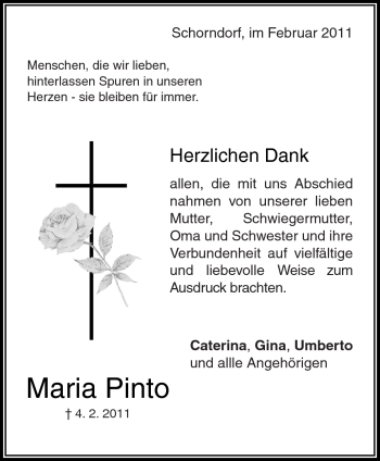 Traueranzeige von Maria Pinto von Kreiszeitung Waiblingen