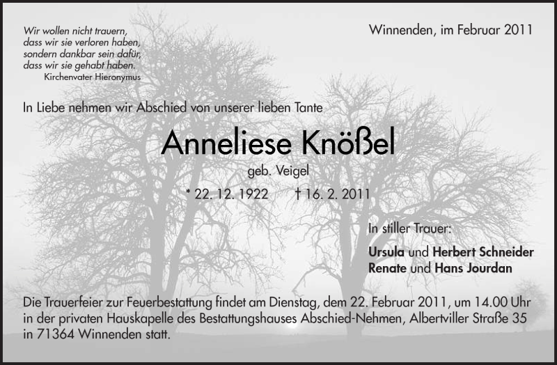  Traueranzeige für Anneliese Knößel vom 18.02.2011 aus Kreiszeitung Waiblingen