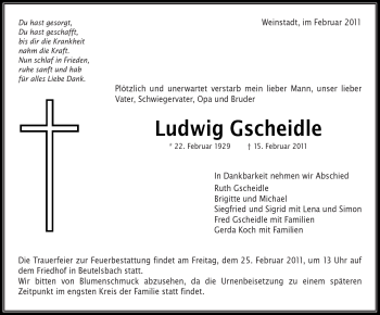 Traueranzeige von Ludwig Gscheidle von Kreiszeitung Waiblingen