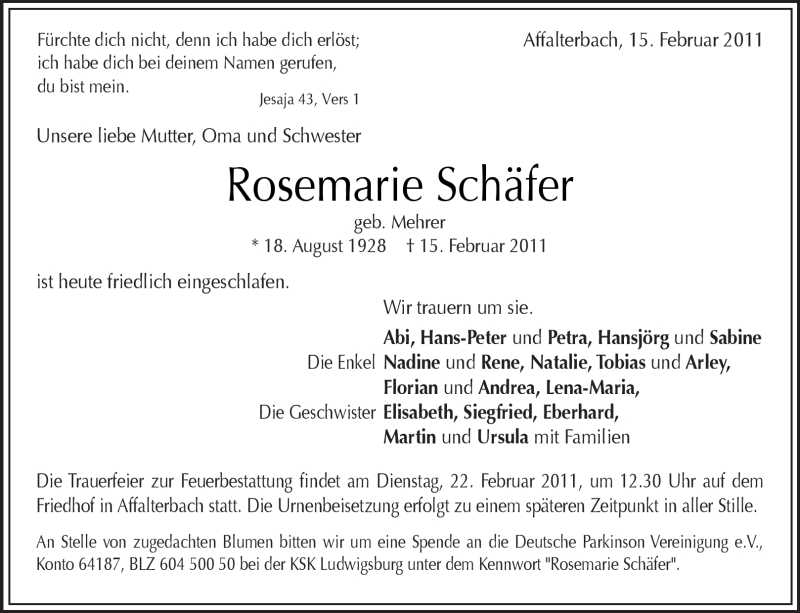  Traueranzeige für Rosemarie Schäfer vom 18.02.2011 aus Kreiszeitung Waiblingen
