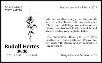 Traueranzeige von Rudolf Hertes von Kreiszeitung Waiblingen