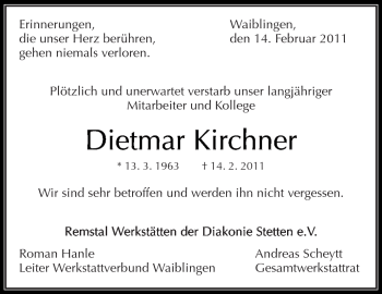 Traueranzeige von Dietmar Kirchner von Kreiszeitung Waiblingen
