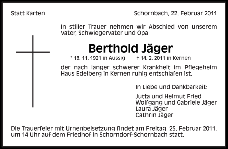  Traueranzeige für Berthold Jäger vom 22.02.2011 aus Kreiszeitung Waiblingen