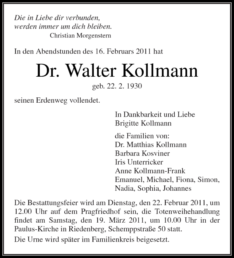  Traueranzeige für Walter Kollmann vom 19.02.2011 aus Kreiszeitung Waiblingen