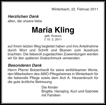 Traueranzeige von Maria Kling von Kreiszeitung Waiblingen