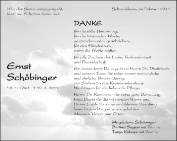 Traueranzeige von Ernst Schöbinger von Kreiszeitung Waiblingen