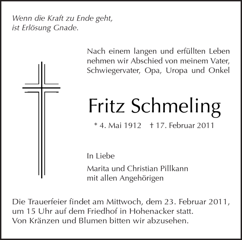  Traueranzeige für Fritz Schmeling vom 22.02.2011 aus Kreiszeitung Waiblingen