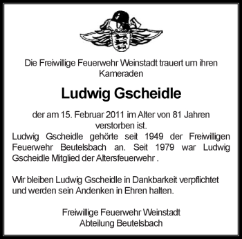 Traueranzeige von Ludwig Gscheidle von Kreiszeitung Waiblingen