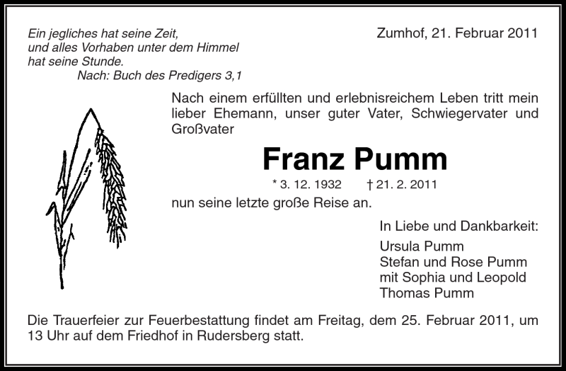  Traueranzeige für Franz Pumm vom 23.02.2011 aus Kreiszeitung Waiblingen