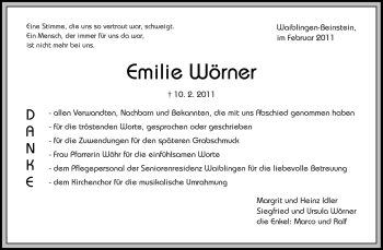 Traueranzeige von Emilie Wörner von Kreiszeitung Waiblingen
