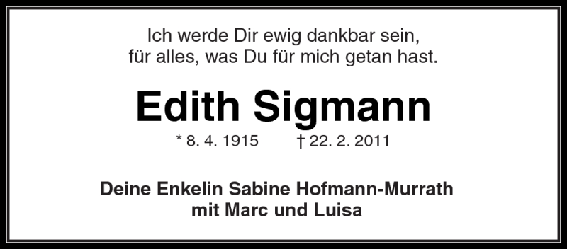  Traueranzeige für Edith Sigmann vom 26.02.2011 aus Kreiszeitung Waiblingen