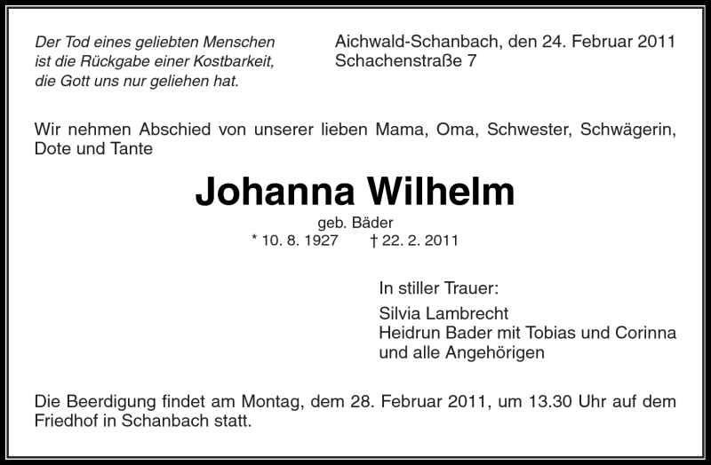  Traueranzeige für Johanna Wilhelm vom 24.02.2011 aus Kreiszeitung Waiblingen