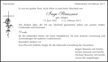 Traueranzeige von Inge Strassner von Kreiszeitung Waiblingen
