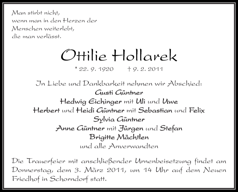  Traueranzeige für Ottilie Hollarek vom 28.02.2011 aus Kreiszeitung Waiblingen