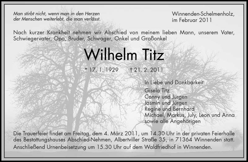  Traueranzeige für Wilhelm Titz vom 28.02.2011 aus Kreiszeitung Waiblingen