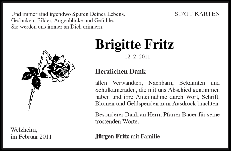  Traueranzeige für Brigitte Fritz vom 28.02.2011 aus Kreiszeitung Waiblingen