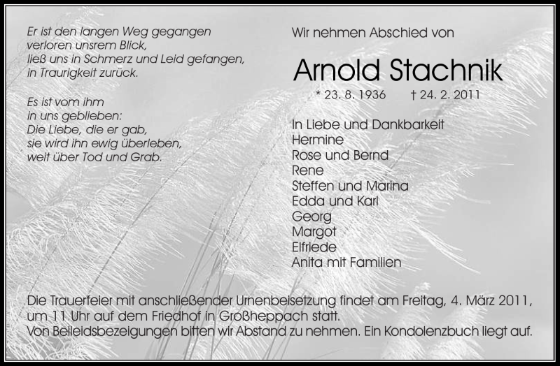  Traueranzeige für Arnold Stachnik vom 01.03.2011 aus Kreiszeitung Waiblingen