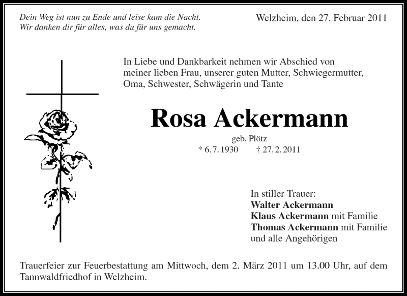  Traueranzeige für Rosa Ackermann vom 28.02.2011 aus Kreiszeitung Waiblingen
