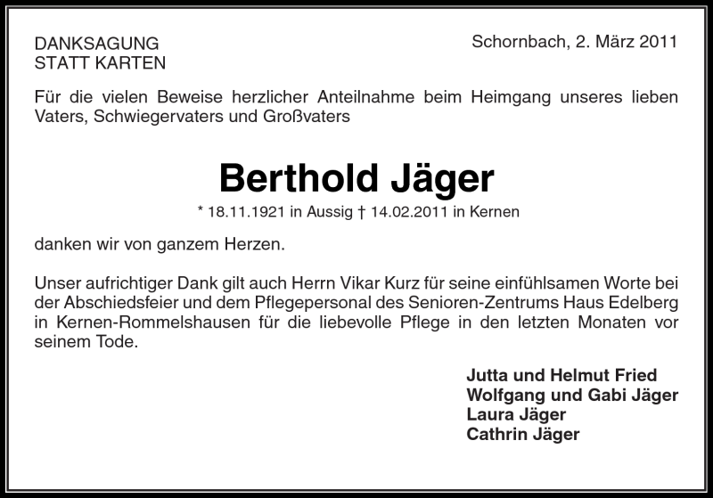  Traueranzeige für Berthold Jäger vom 03.03.2011 aus Kreiszeitung Waiblingen