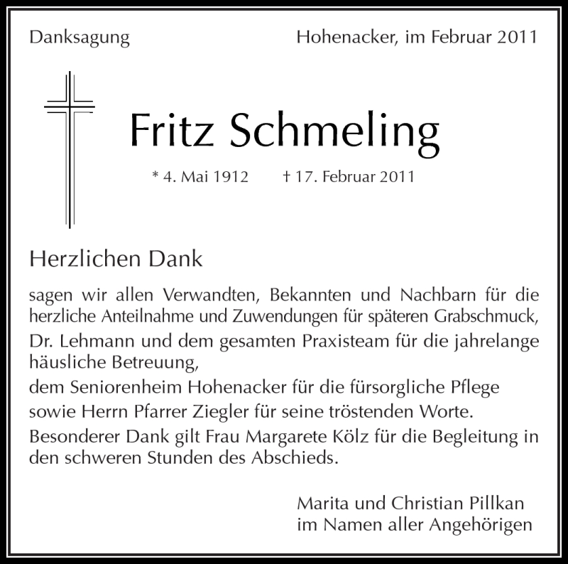  Traueranzeige für Fritz Schmeling vom 01.03.2011 aus Kreiszeitung Waiblingen