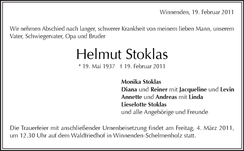  Traueranzeige für Helmut Stoklas vom 02.03.2011 aus Kreiszeitung Waiblingen