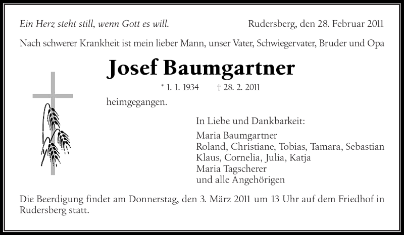  Traueranzeige für Josef Baumgartner vom 02.03.2011 aus Kreiszeitung Waiblingen