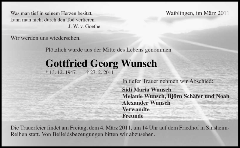  Traueranzeige für Gottfried Georg Wunsch vom 02.03.2011 aus Kreiszeitung Waiblingen