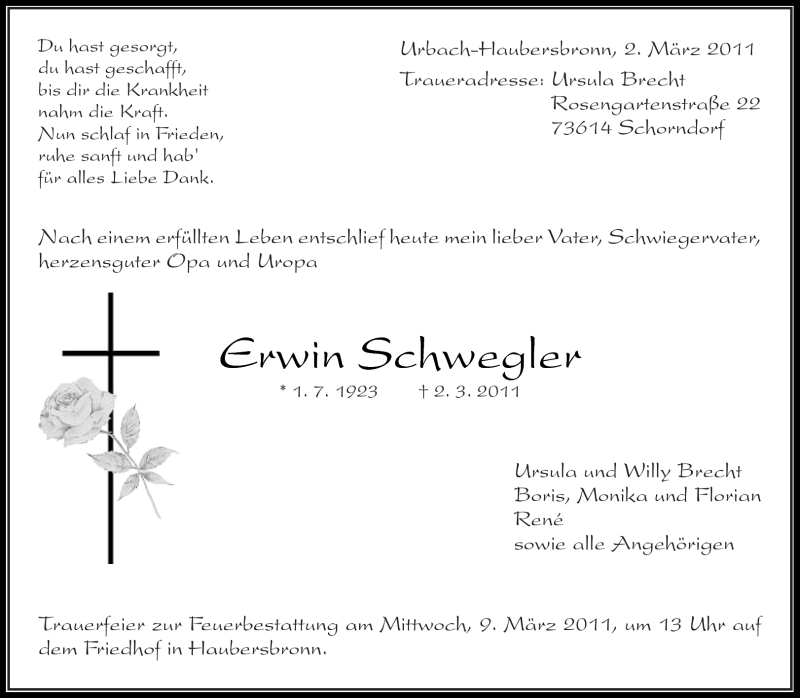  Traueranzeige für Erwin Schwegler vom 07.03.2011 aus Kreiszeitung Waiblingen