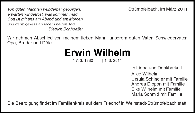  Traueranzeige für Erwin Wilhelm vom 04.03.2011 aus Kreiszeitung Waiblingen