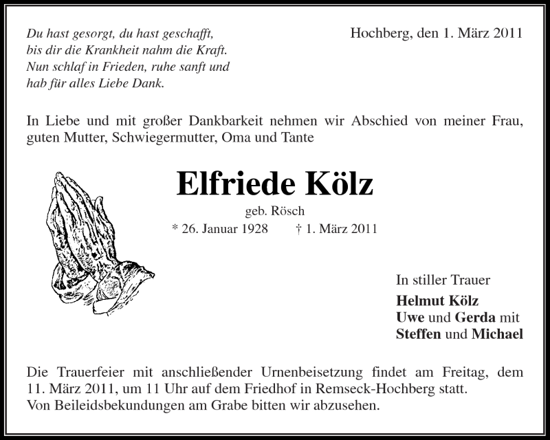  Traueranzeige für Elfriede Kölz vom 08.03.2011 aus Kreiszeitung Waiblingen
