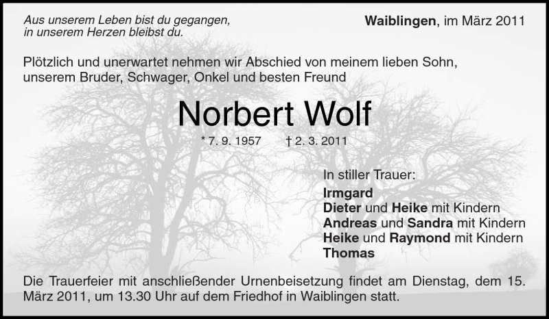  Traueranzeige für Norbert Wolf vom 07.03.2011 aus Kreiszeitung Waiblingen
