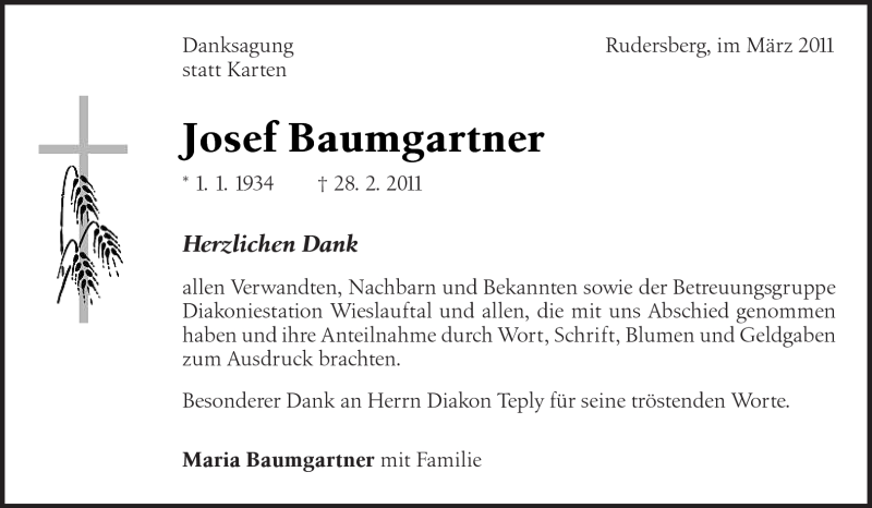  Traueranzeige für Josef Baumgartner vom 12.03.2011 aus Kreiszeitung Waiblingen